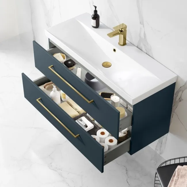 Elba Inky Blue Wall Hung Basin Drawer Vanity 1000mm - Brushed Brass Accents