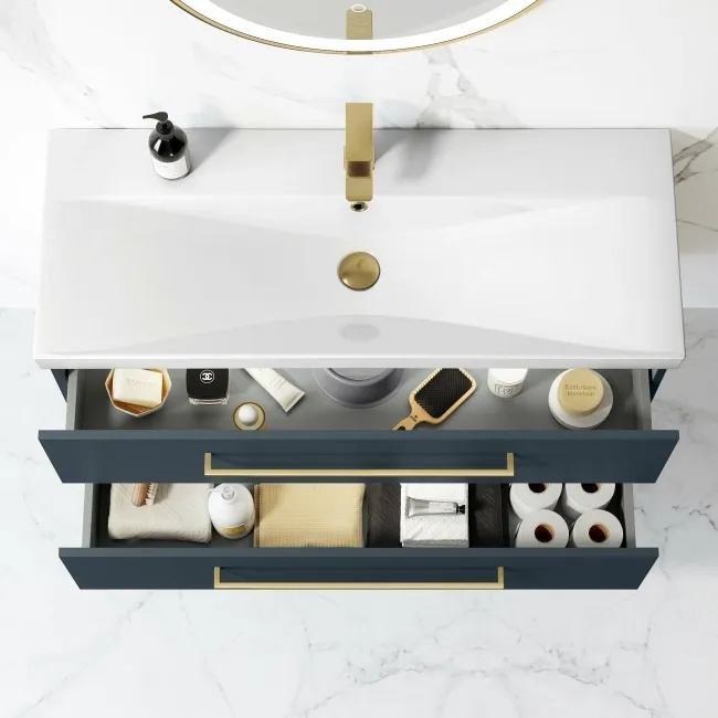 Elba Inky Blue Wall Hung Basin Drawer Vanity 1000mm - Brushed Brass Accents