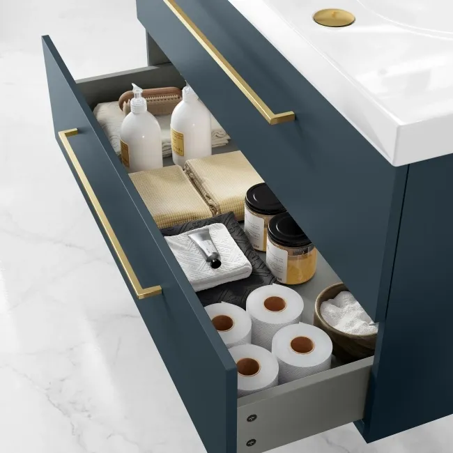 Elba Inky Blue Wall Hung Basin Drawer Vanity 1000mm - Brushed Brass Accents