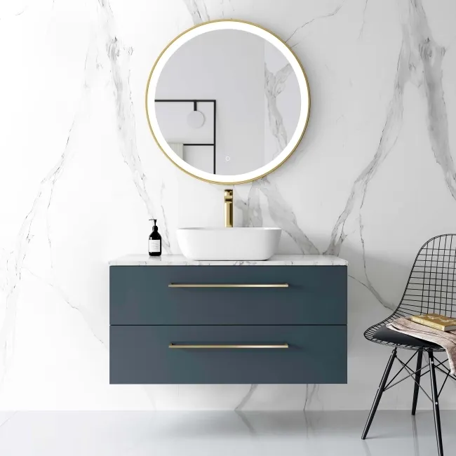 Elba Inky Blue Wall Hung Drawer Vanity with Marble Top & Curved Counter Top Basin 1000mm - Brushed Brass Accents