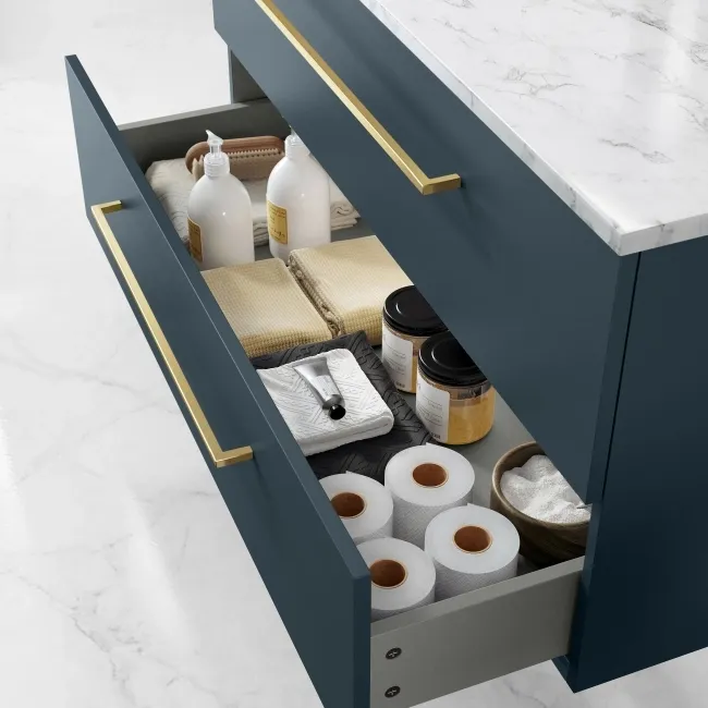 Elba Inky Blue Wall Hung Drawer Vanity with Marble Top & Cody Basin 1000mm - Brushed Brass Accents