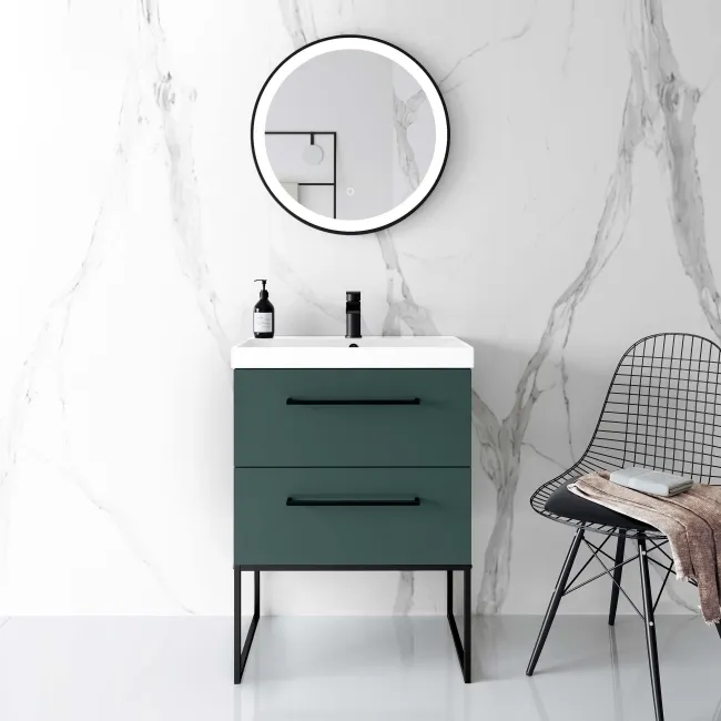 Elba Midnight Green Wall Hung Basin Drawer Vanity 600mm with Matt Black Stand