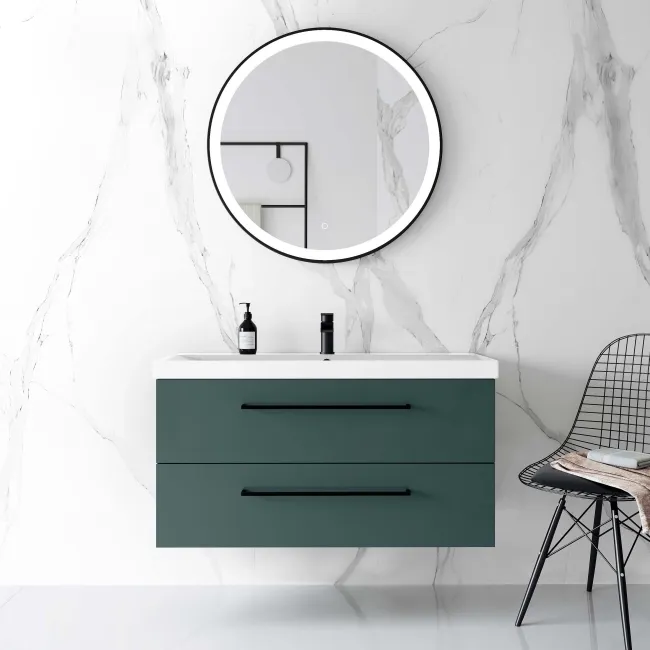 Elba Midnight Green Wall Hung Basin Drawer Vanity 1000mm - Black Accents