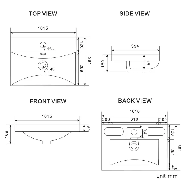 Elba Gloss White Wall Hung Basin Drawer Vanity 1000mm - Black Accents