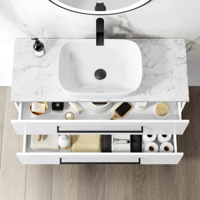 Elba Gloss White Wall Hung Drawer Vanity with Marble Top & Curved Counter Top Basin 1000mm - Black Accents