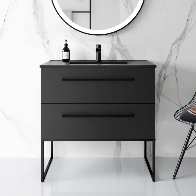 Elba Matt Black Wall Hung Basin Drawer Vanity 800mm with Matt Black Stand