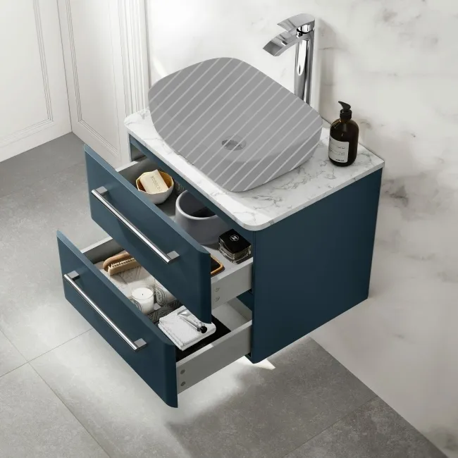 Omaha Navy Blue Wall Hung Drawer Vanity with Marble Top 600mm - Excludes Counter Top Basin