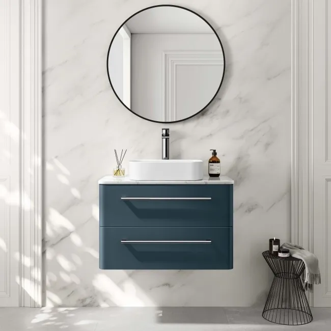 Omaha Navy Blue Wall Hung Drawer Vanity with Marble Top & Marin Basin 800mm