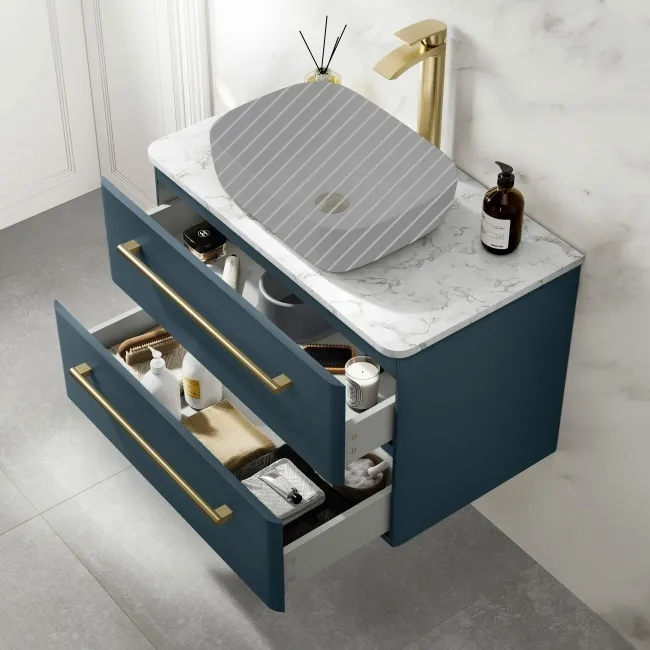 Omaha Navy Blue Wall Hung Drawer Vanity with Marble Top 800mm (Excludes Counter Top Basin) - Brushed Brass Accents