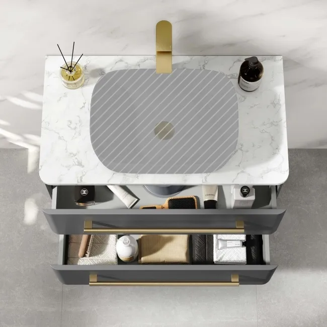 Omaha Navy Blue Wall Hung Drawer Vanity with Marble Top 800mm (Excludes Counter Top Basin) - Brushed Brass Accents