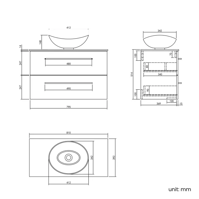 Elba Dawn Oak Wall Hung Drawer Vanity with Marble Top & Oval Counter Top Basin 800mm - Black Accents