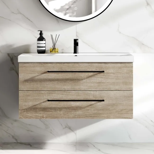 Elba Dawn Oak Wall Hung Basin Drawer Vanity 1000mm - Black Accents
