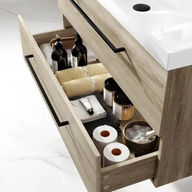 Elba Dawn Oak Wall Hung Basin Drawer Vanity 1000mm - Black Accents