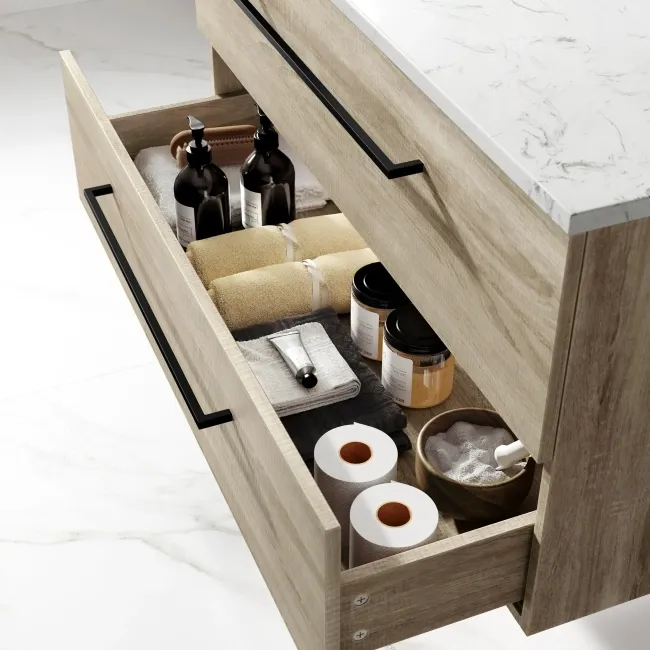 Elba Dawn Oak Wall Hung Drawer Vanity with Marble Top & Curved Counter Top Basin 1000mm - Black Accents