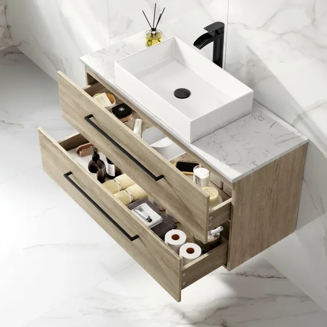 Elba Dawn Oak Wall Hung Drawer Vanity with Marble Top & Cody Basin 1000mm - Black Accents
