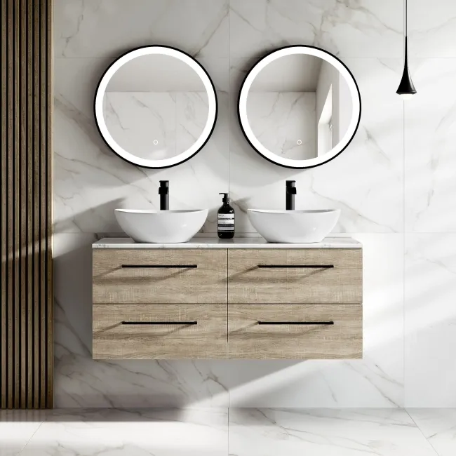 Elba Dawn Oak Double Wall Hung Drawer Vanity with Marble Top & Oval Basin 1200mm - Black Accents