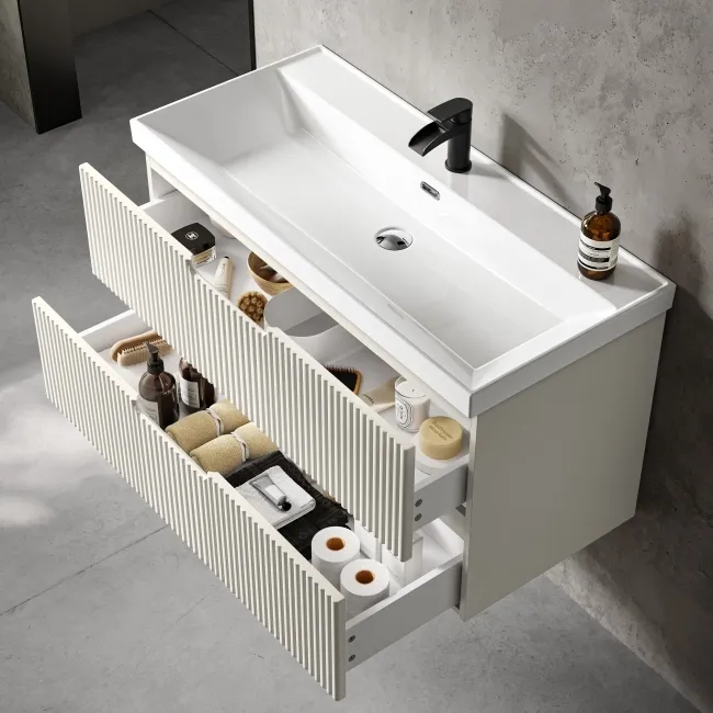Crete Fluted Linen White Wall Hung Basin Drawer Vanity 1000mm