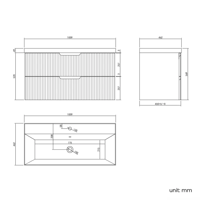 Crete Fluted Navy Blue Wall Hung Basin Drawer Vanity 1000mm