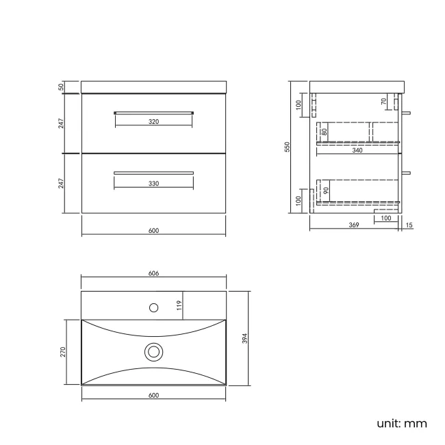 Elba Dawn Oak Wall Hung Basin Drawer Vanity 600mm