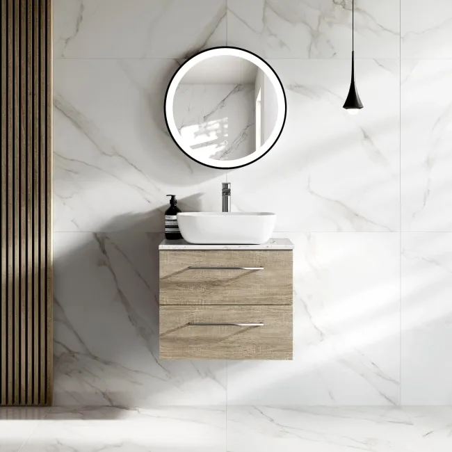 Elba Dawn Oak Wall Hung Drawer Vanity with Marble Top & Curved Counter Top Basin 600mm