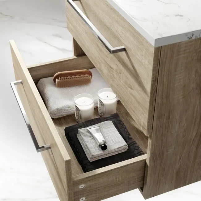 Elba Dawn Oak Wall Hung Drawer Vanity with Marble Top & Curved Counter Top Basin 600mm