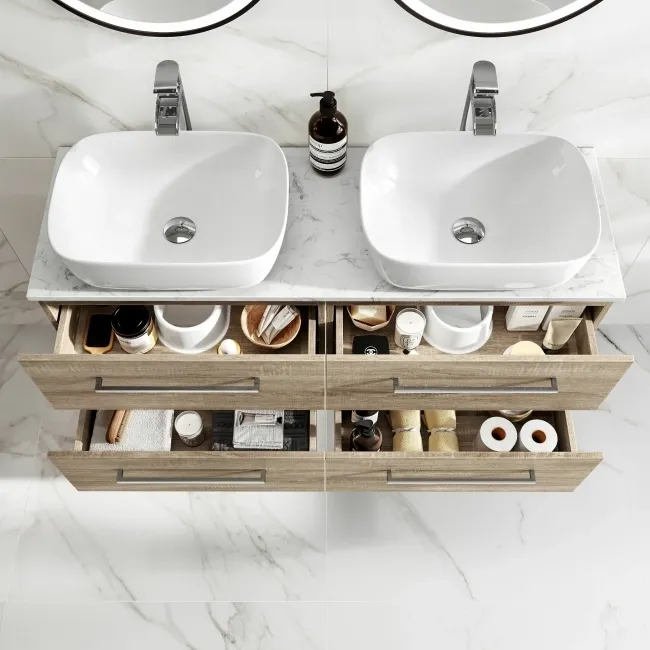 Elba Dawn Oak Double Wall Hung Drawer Vanity with Marble Top & Curved Basin 1200mm