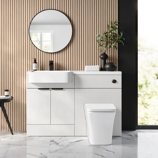Sicily Fluted Coastal White Combination Vanity Basin and Houston Toilet 1200mm - Black Accents - Left Handed