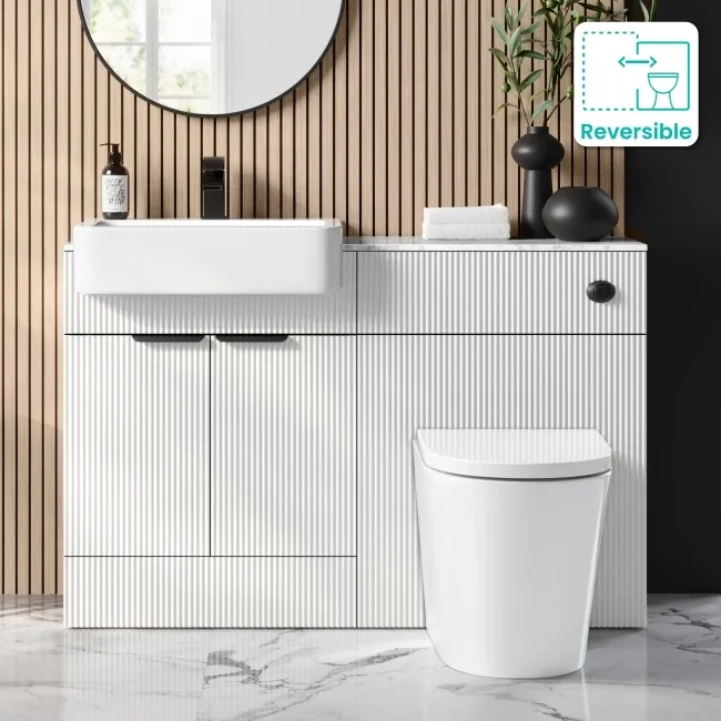 Sicily Fluted Coastal White Combination Vanity Basin with Marble Top & Boston Toilet 1200mm - Black Accents