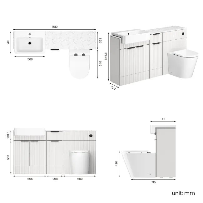 Sicily Fluted Coastal White Combination Vanity Basin with Marble Top & Boston Toilet 1500mm - Black Accents