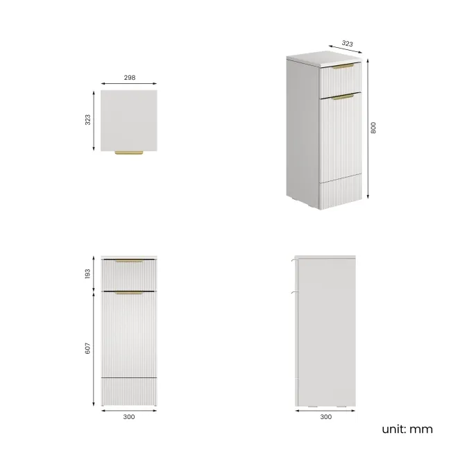 Sicily Fluted Coastal White Side Cabinet Unit 300mm - Brushed Brass Accents