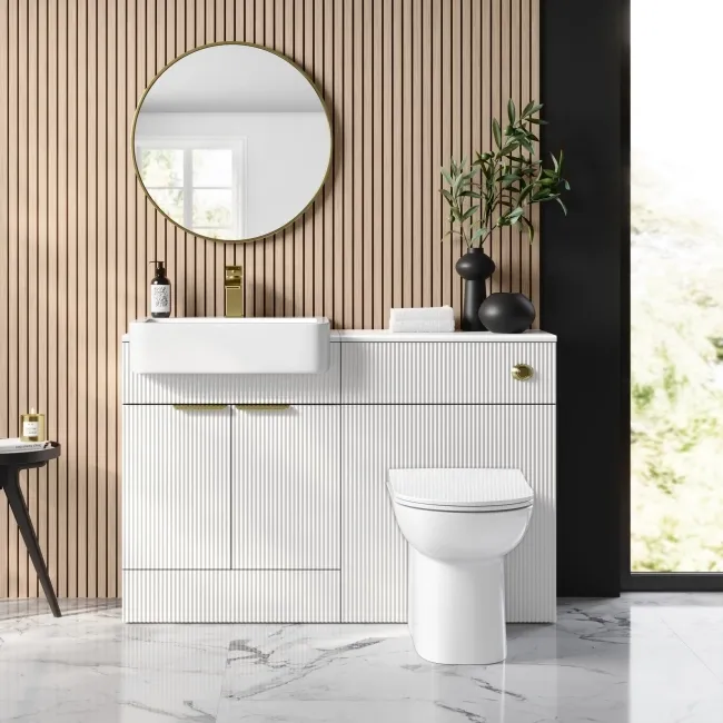 Sicily Fluted Coastal White Combination Vanity Basin and Aruba Toilet 1200mm - Brushed Brass Accents