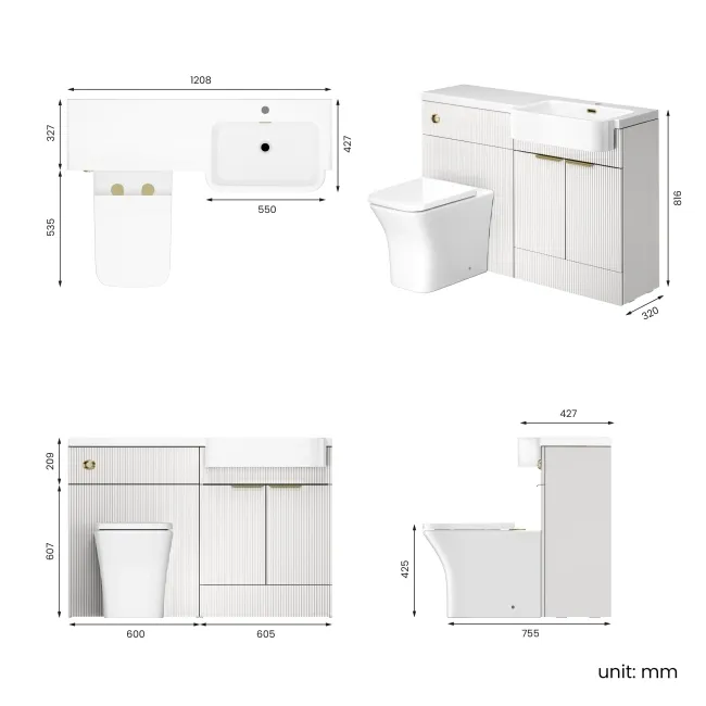 Sicily Fluted Coastal White Combination Vanity Basin and Houston Toilet 1200mm - Brushed Brass Accents - Right Handed