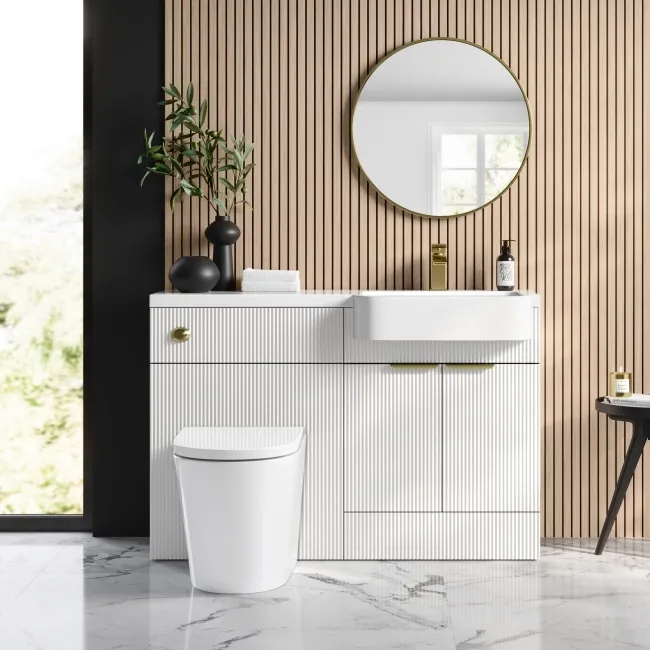 Sicily Fluted Coastal White Combination Vanity Basin and Boston Toilet 1200mm - Brushed Brass Accents - Right Handed