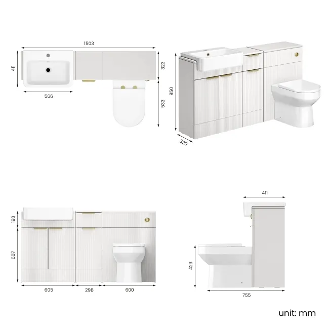 Sicily Fluted Coastal White Combination Vanity Basin and Miami Toilet 1500mm - Brushed Brass Accents