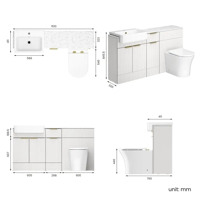 Sicily Fluted Coastal White Combination Vanity Basin with Marble Top & Tucson Toilet 1500mm - Brushed Brass Accents
