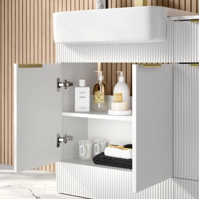 Sicily Fluted Coastal White Combination Vanity Basin with Marble Top & Boston Toilet 1500mm - Brushed Brass Accents