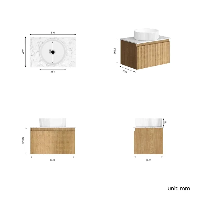Malta Fluted Country Oak Wall Hung Drawer Vanity with Marble Top & Nevis Basin 600mm