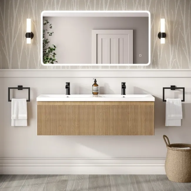 Malta Fluted Country Oak Wall Hung Double Basin Drawer Vanity 1200mm