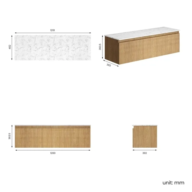 Malta Fluted Country Oak Double Wall Hung Drawer Vanity with Marble Top 1200mm - Excludes Counter Top Basin