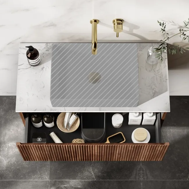 Malta Fluted Black Walnut Wall Hung Drawer Vanity with Marble Top 800mm - Excludes Counter Top Basin