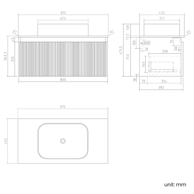 Malta Fluted Black Walnut Wall Hung Drawer Vanity with Marble Top & Marin Basin 800mm