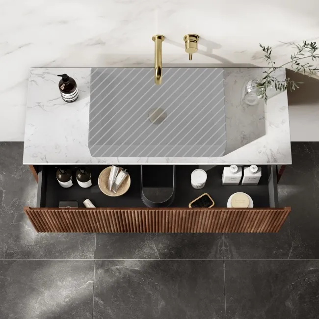 Malta Fluted Black Walnut Wall Hung Drawer Vanity with Marble Top 1000mm - Excludes Counter Top Basin
