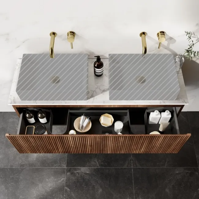 Malta Fluted Black Walnut Double Wall Hung Drawer Vanity with Marble Top 1200mm - Excludes Counter Top Basin