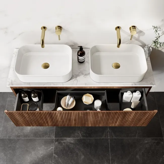 Malta Fluted Black Walnut Double Wall Hung Drawer Vanity with Marble Top & Marin Basin 1200mm