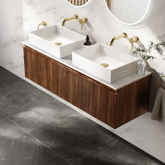 Malta Fluted Black Walnut Double Wall Hung Drawer Vanity with Marble Top & Cody Basin 1200mm