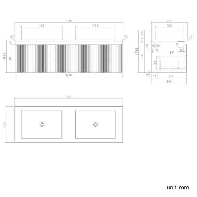Malta Fluted Black Walnut Double Wall Hung Drawer Vanity with Marble Top & Cody Basin 1200mm