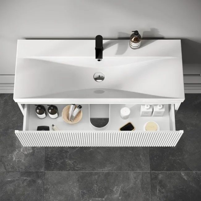Malta Fluted Coastal White Wall Hung Basin Drawer Vanity 1000mm