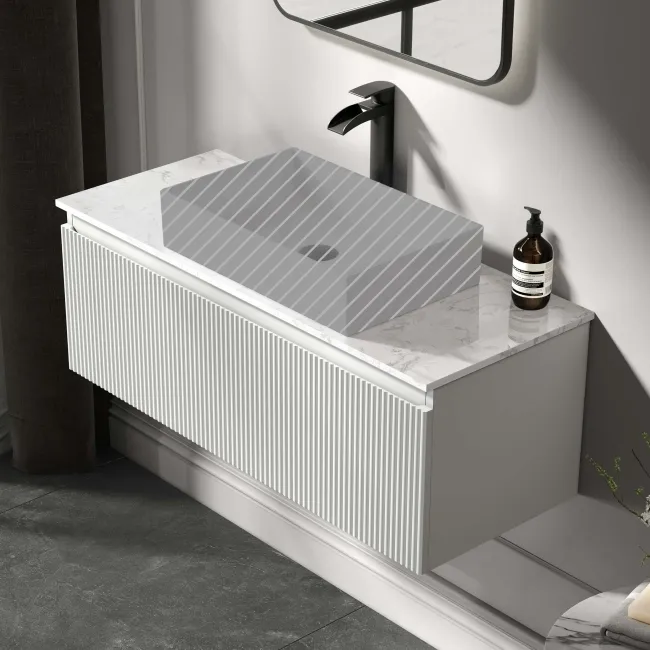 Malta Fluted Coastal White Wall Hung Drawer Vanity with Marble Top 1000mm - Excludes Counter Top Basin
