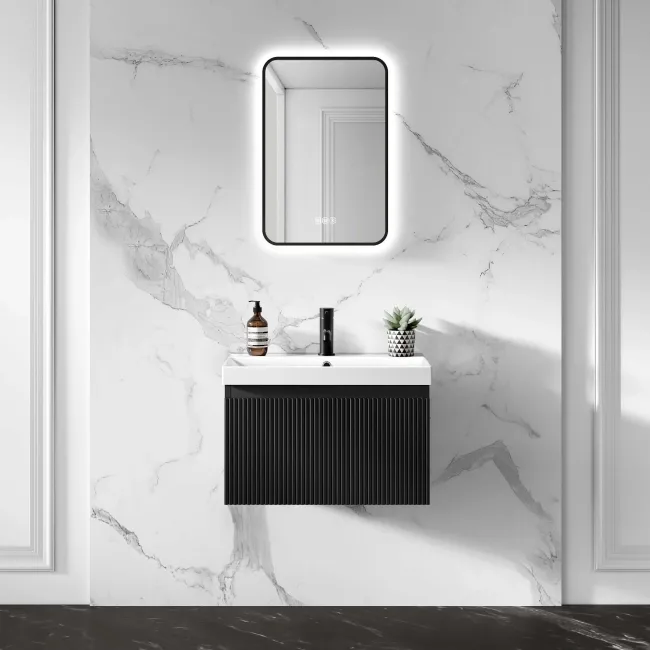 Malta Fluted Matt Black Wall Hung Basin Drawer Vanity 600mm