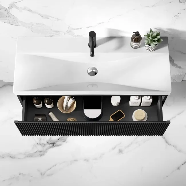 Malta Fluted Matt Black Wall Hung Basin Drawer Vanity 1000mm